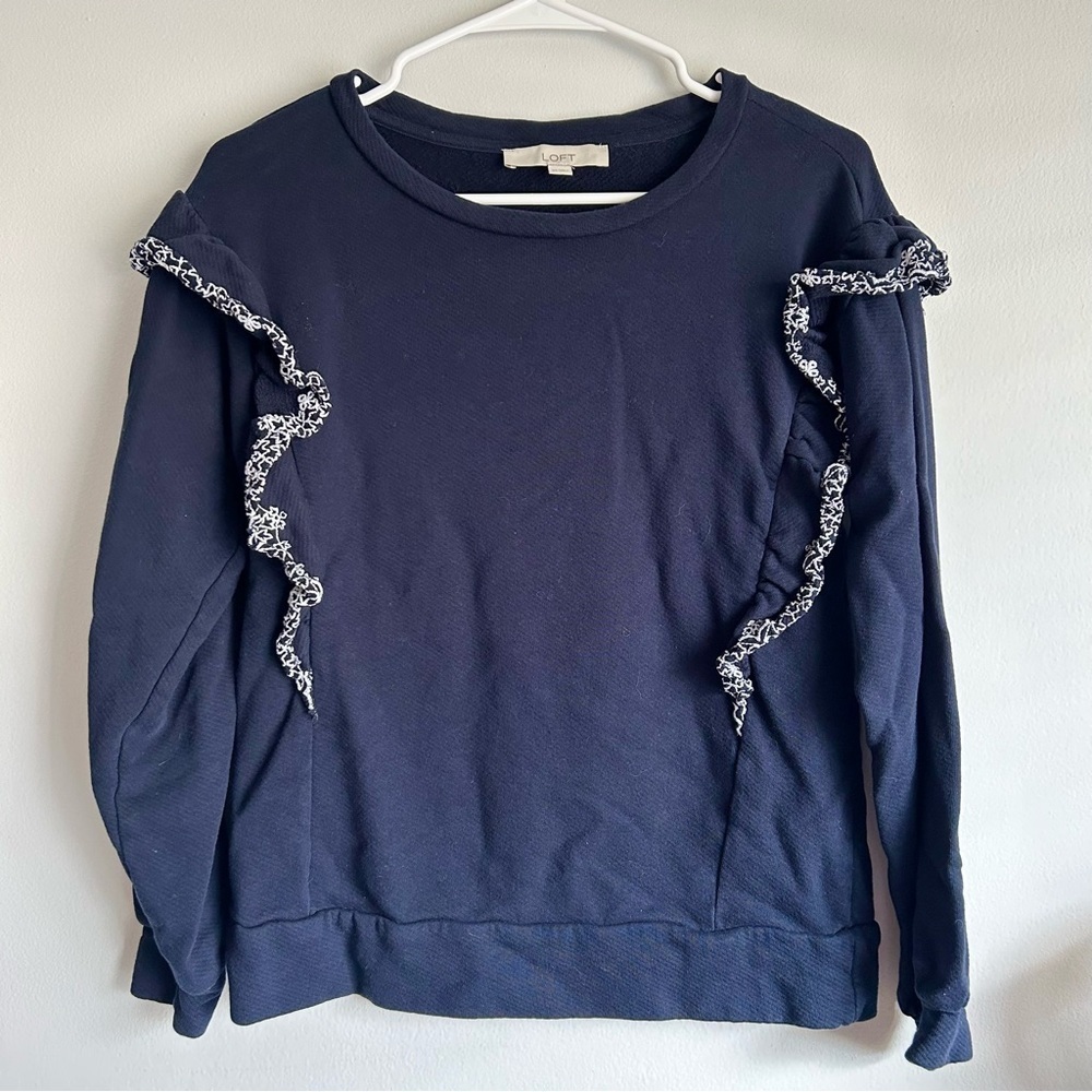 LOFT Navy Blue Top White Ruffles Long Sleeve Size XS
